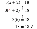 A step-by-step verification of the equation 3(x+2)=18. Substituting x=4 into the equation results in 3(4+2)=18, which simplifies to 3(6)=18, and finally 18=18, confirming x=4 as the solution.