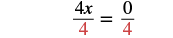The equation 4x/4 = 0/4 is displayed, with the number 4 in the denominators highlighted in red.