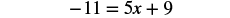 A mathematical equation is displayed on a white background, reading '-11 = 5x + 9'.