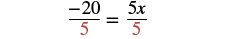 A mathematical equation shows 'negative 20 over 5' equals '5x over 5'. The number 5 in the denominators is highlighted in red.