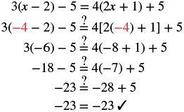 Step-by-step verification of an algebraic equation by substituting x = -4 and simplifying both sides to confirm the equality.