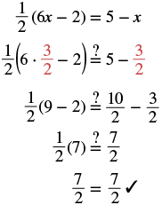 Step-by-step verification of x=3/2 as the solution for the equation 1/2(6x-2)=5-x, proving equality on both sides.