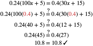 The image displays the verification of the solution x=0.4 for the equation 0.24(100x+5) = 0.4(30x+15), showing a final equality of 10.8 = 10.8.