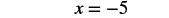 The image displays the mathematical equation 'x = -5' in black font against a plain white background, centered in the frame. The 'x' is a lowercase variable, followed by an equals sign, and then a negative sign preceding the numeral '5'.