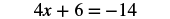 A mathematical equation is displayed: 4x + 6 = -14. The equation involves a variable 'x', addition, and negative numbers, representing a basic algebraic problem.