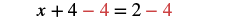 An algebraic equation is shown where 4 is subtracted from both sides, with the subtracted 4s highlighted in red. The equation is x + 4 - 4 = 2 - 4.
