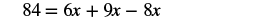 A mathematical equation is displayed, reading 84 = 6x + 9x - 8x. It's a linear equation with one variable 'x' on the right side, ready to be solved.