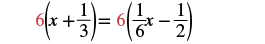 A mathematical equation showing 6 multiplied by the sum of x and 1/3, which is equal to 6 multiplied by the difference of 1/6x and 1/2, with the number 6 highlighted in red.