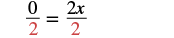 The image displays a mathematical equation: 0/2 = 2x/2. The denominator '2' is highlighted in red on both the left and right sides of the equality.