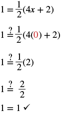 This image demonstrates the verification of the equation 1 = 1/2(4x + 2) by substituting x=0. The process shows that both sides of the equation simplify to 1, thus confirming the equality.