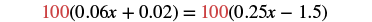 An algebraic equation showing 100 multiplied by the sum of 0.06x and 0.02, equaling 100 multiplied by the difference of 0.25x and 1.5. The number 100 is highlighted in red.
