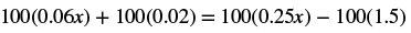 A mathematical equation is displayed: 100(0.06x) + 100(0.02) = 100(0.25x) - 100(1.5).