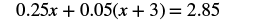 The image shows the algebraic equation 0.25x + 0.05(x + 3) = 2.85.