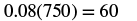 A mathematical equation shows '0.08(750) = 60' in black text against a white background.