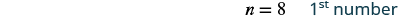 The text 'n = 8 1st number' is displayed on a white background, indicating a variable assignment and its sequence.