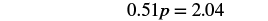 A mathematical equation shows '0.51p = 2.04' in black text against a white background, representing a linear equation where 'p' is an unknown variable to be solved.