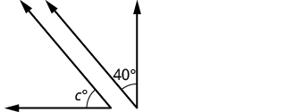 A diagram with three rays originating from a common point, showing an angle labeled c degrees between the leftmost horizontal ray and a diagonal ray, and an angle of 40 degrees between the vertical ray and the diagonal ray.