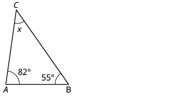 A triangle ABC is shown, with angle A measuring 82 degrees, angle B measuring 55 degrees, and angle C denoted by x.