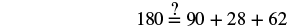 A mathematical equation checks if 180 is equal to the sum of 90, 28, and 62, posing '180 =? 90 + 28 + 62' on a white background. The sum is 180, so the equality is true.