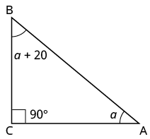 A right-angled triangle ABC with the right angle at C. Angle A is denoted as 'a' and angle B is denoted as 'a + 20'. The sum of angles in a triangle is 180 degrees.