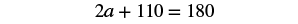 A mathematical equation is displayed, reading '2a + 110 = 180' in black text against a white background.