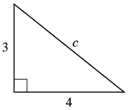 A right-angled triangle with legs of length 3 and 4, and the hypotenuse labeled 'c'. This classic 3-4-5 triangle demonstrates the Pythagorean theorem.