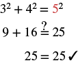 This image demonstrates the Pythagorean triple (3,4,5) with a step-by-step verification that 3^2 + 4^2 = 5^2, resulting in 9 + 16 = 25 and finally 25 = 25.