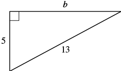 A right-angled triangle with one vertical leg of length 5, a horizontal leg labeled 'b', and the hypotenuse of length 13. A square symbol indicates the right angle between the legs.