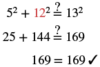 A step-by-step mathematical verification showing that 5 squared plus 12 squared equals 13 squared, confirming a Pythagorean triple.