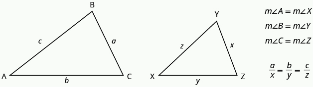 Two similar triangles are shown: the left larger triangle has its legs labeled lowercase c, a, b, with points labeled as uppercase A, B, and C. The right smaller triangle mirrors the left by having its legs labeled as lowercase z, x, y, and its points labeled X, Y, and Z. 