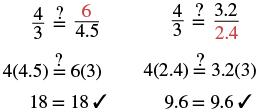 Two examples demonstrate how to check if two fractions are proportional by using the cross-multiplication method, showing the resulting equalities with a checkmark.