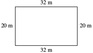 A rectangle is shown with sides labeled 32 m and 20 m, indicating its length and width.
