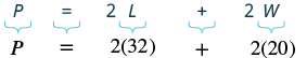 The formula for the perimeter of a rectangle, P = 2L + 2W, with L=32 and W=20 substituted as P = 2(32) + 2(20).