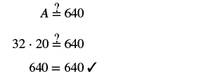 A mathematical verification showing A equals 32 multiplied by 20, which simplifies to 640, thereby confirming the equation 640 = 640 with a checkmark.