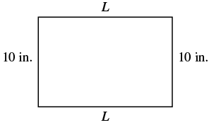 A rectangle is depicted, having a height of 10 inches on both vertical sides and a width labeled 'L' on both horizontal sides, indicating its dimensions.