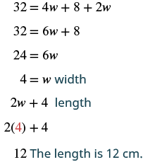 An algebraic solution for 'w' from the equation 32 = 4w + 8 + 2w, showing w = 4 (width). The length, calculated as 2w + 4, is found to be 12 cm.