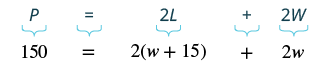 Perimeter formula P = 2L + 2W applied to a problem, substituting P=150, L=(w+15), and W=w to form the equation 150 = 2(w + 15) + 2w.