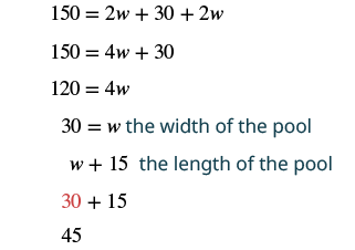 This image demonstrates the algebraic process of finding the dimensions of a pool. It solves for 'w', the width, which is 30, and then calculates the length as 'w + 15', resulting in 45.