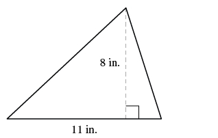 An image of a triangle showing its base and height. The base is labeled as 11 inches, and the height, represented by a dashed line perpendicular to the base, is labeled as 8 inches.