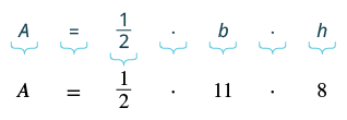 Two lines of an area formula: the first line shows A = 1/2 * b * h, and the second line substitutes b = 11 and h = 8 into the formula, showing A = 1/2 * 11 * 8.