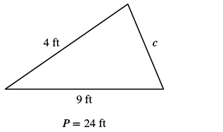 A triangle with sides labeled 4 ft and 9 ft, and a third side 'c'. The perimeter of the triangle is given as P = 24 ft, implying the missing side 'c' is 11 ft.