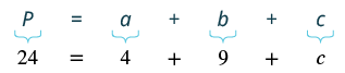 Mathematical problem illustrating variable substitution: P = a + b + c, with 24 = 4 + 9 + c provided.