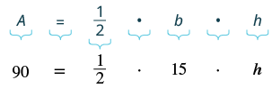 The area of a triangle formula A = (1/2) * b * h is shown. Below, an example calculates the height, h, with A=90 and b=15, resulting in the equation 90 = (1/2) * 15 * h.