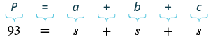 Mathematical equations illustrate perimeter. P=a+b+c defines the general case, while 93=s+s+s provides a specific example where the perimeter is 93 and the three sides are equal (s).