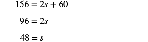 An image displaying the step-by-step solution to the linear equation 156 = 2s + 60, which proceeds to 96 = 2s, and finally resolves to 48 = s.