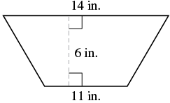 A trapezoid is displayed with a top base of 14 inches, a bottom base of 11 inches, and a height of 6 inches, indicated by a dashed line and right angle symbols.