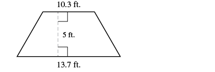 A white background shows a trapezoid with its top base measuring 10.3 ft, its bottom base measuring 13.7 ft, and its height measuring 5 ft. A dashed vertical line indicates the height, with right angle symbols.
