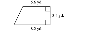 A right trapezoid is shown with a top base of 5.6 yd, a bottom base of 8.2 yd, and a height of 3.4 yd, indicated by right angle markings on the vertical side.