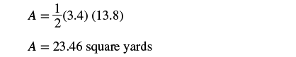 A mathematical calculation showing A equals one-half times 3.4 times 13.8, resulting in A equals 23.46 square yards.