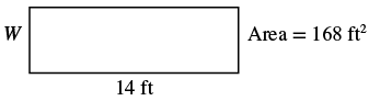 A rectangle is shown with width 'W', length '14 ft', and an area of '168 ft^2'.